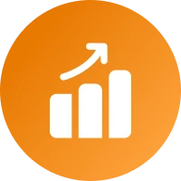 Rising bar chart icon on orange background.