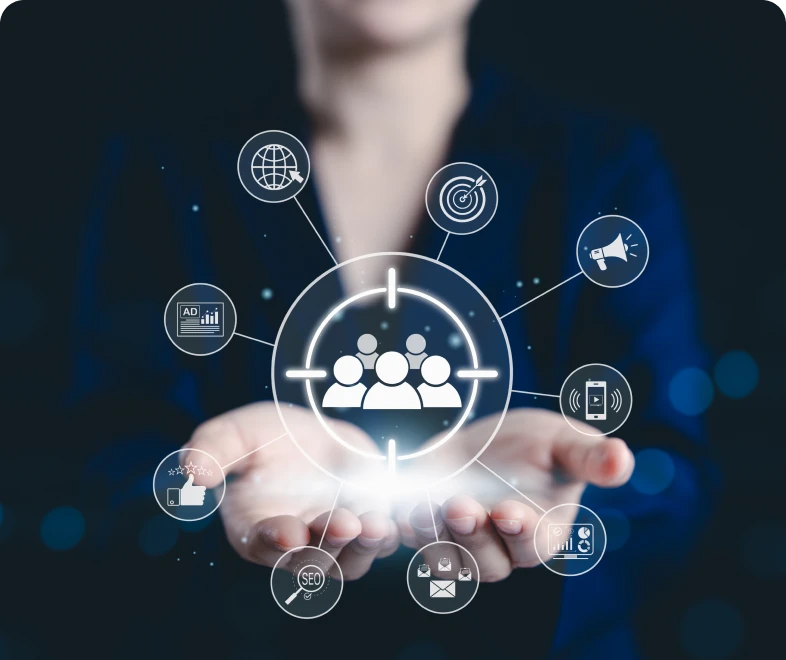 Digital marketing icons above open hands.