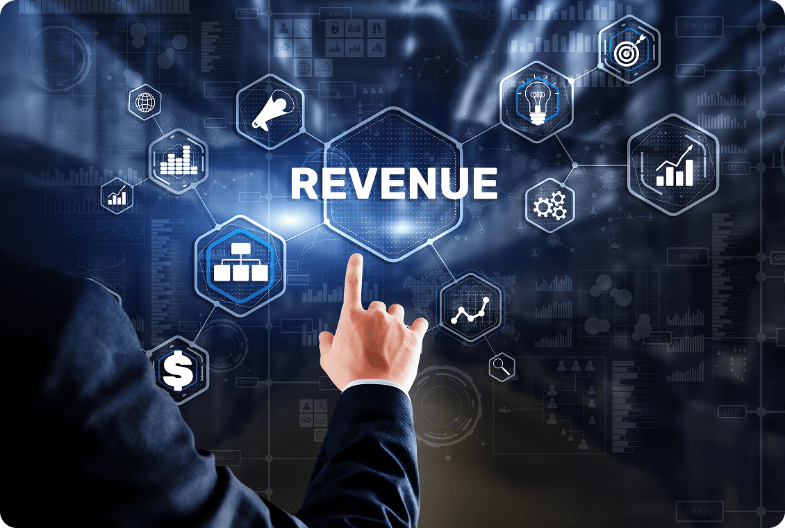 Businessman interacting with digital revenue interface.